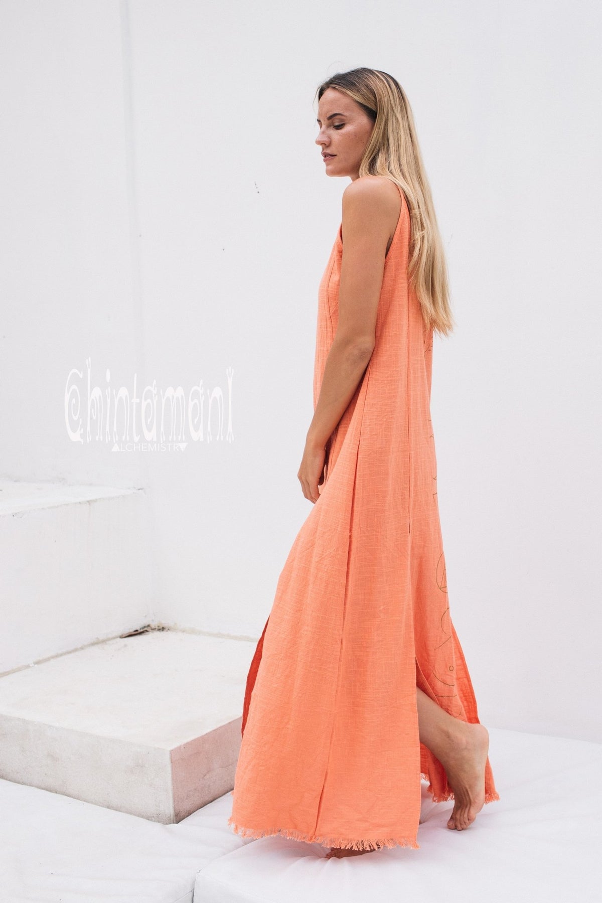 Organic Cotton Long Dress with Side Slit / Alchemy Coral - ChintamaniAlchemi