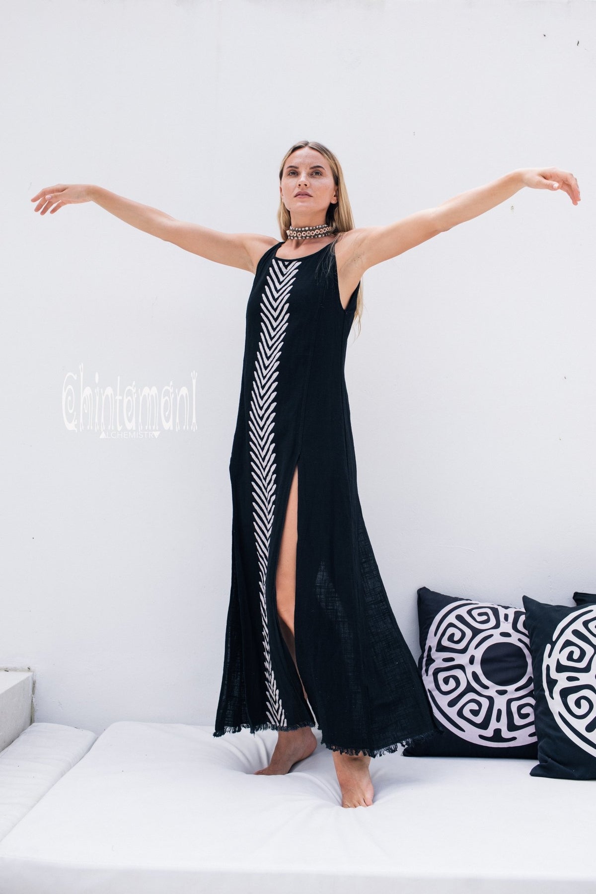 Organic Cotton Long Dress with Side Slit / Black - ChintamaniAlchemi