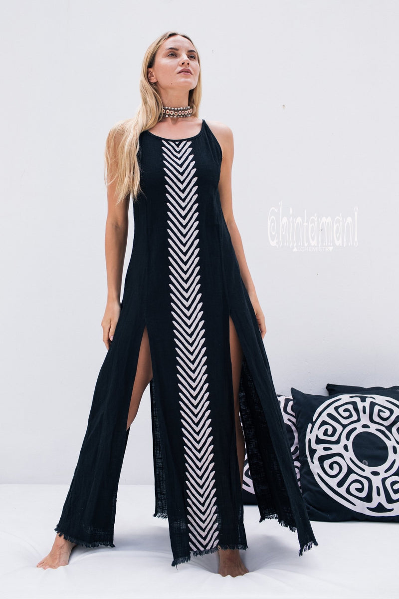 Organic Cotton Long Dress with Side Slit / Black - ChintamaniAlchemi