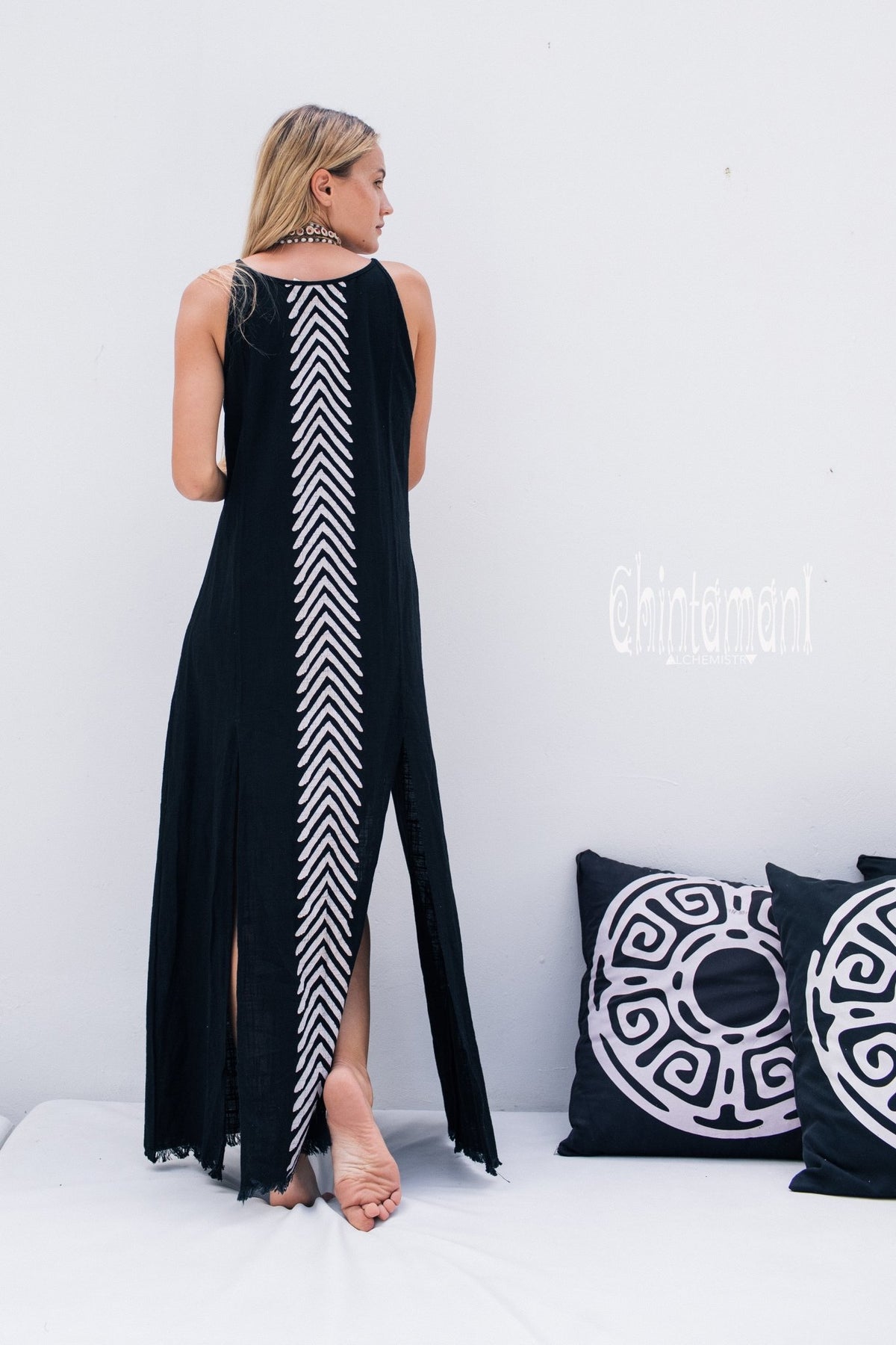 Organic Cotton Long Dress with Side Slit / Black - ChintamaniAlchemi