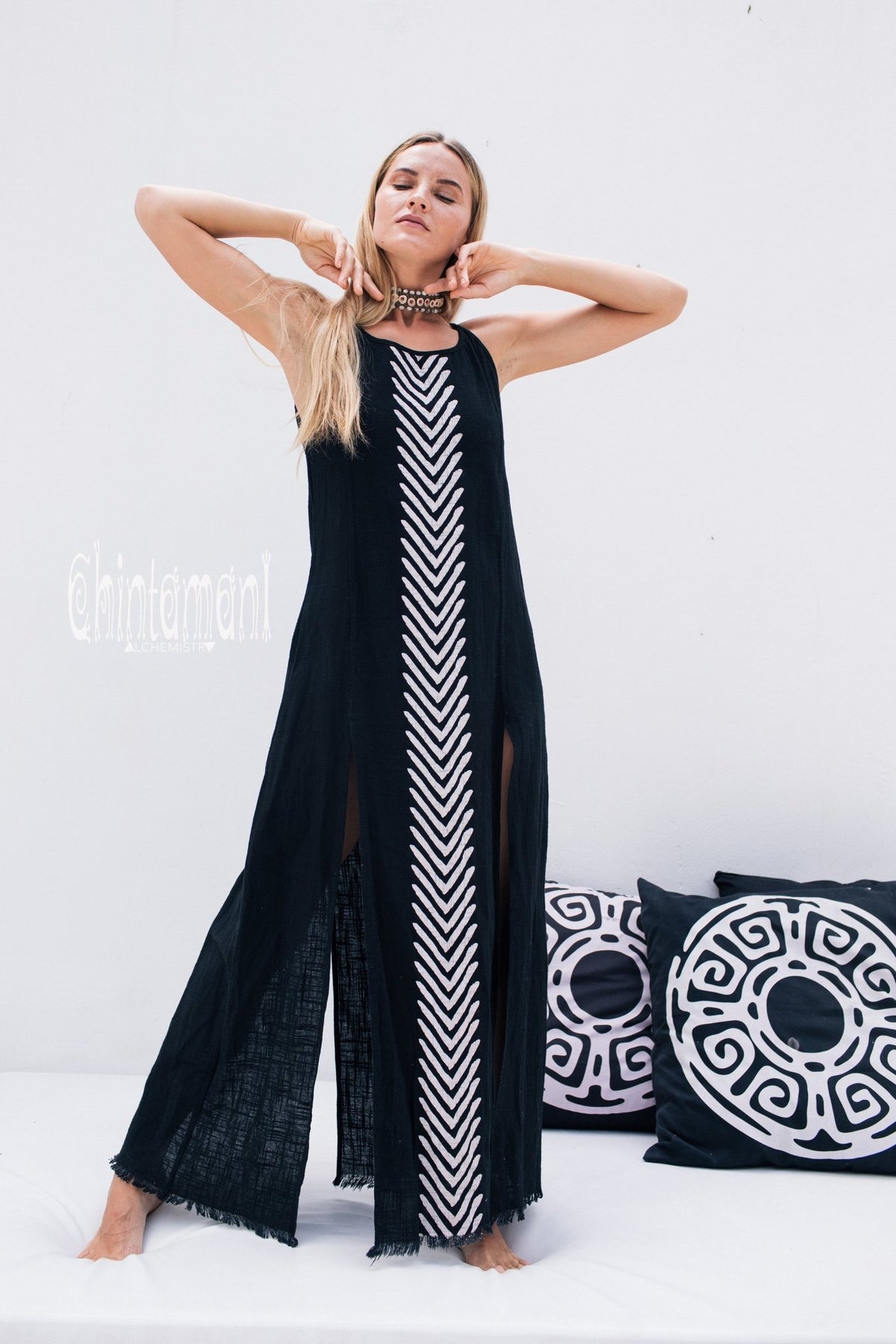 Organic Cotton Long Dress with Side Slit / Black - ChintamaniAlchemi