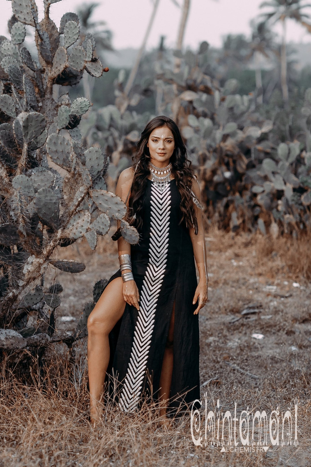 Organic Cotton Long Dress with Side Slit / Black - ChintamaniAlchemi