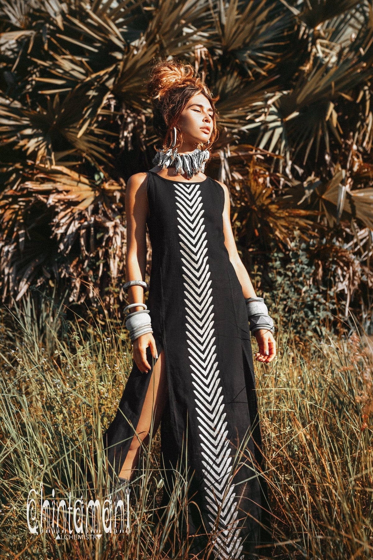 Organic Cotton Long Dress with Side Slit / Black - ChintamaniAlchemi