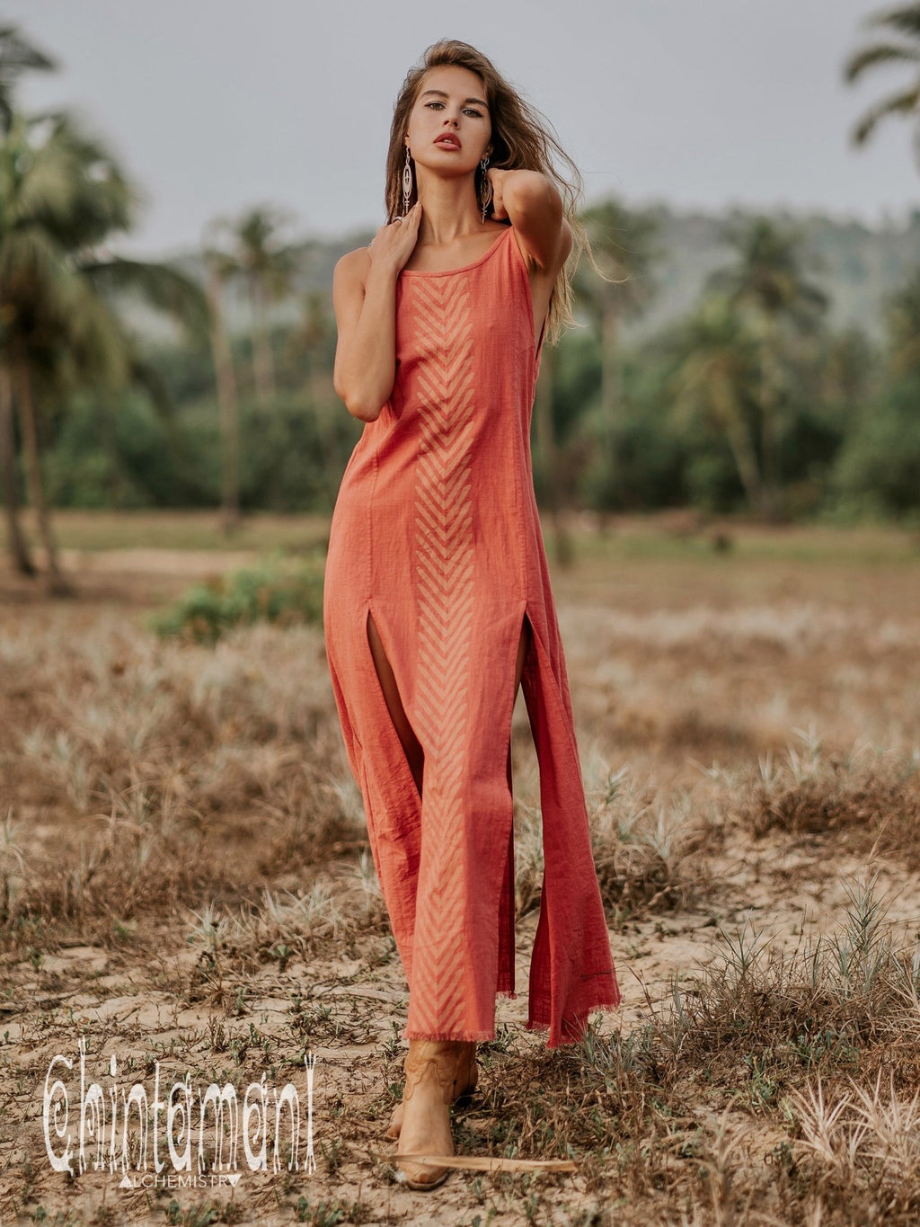 Organic Cotton Long Dress with Side Slit / Coral Rose - ChintamaniAlchemi