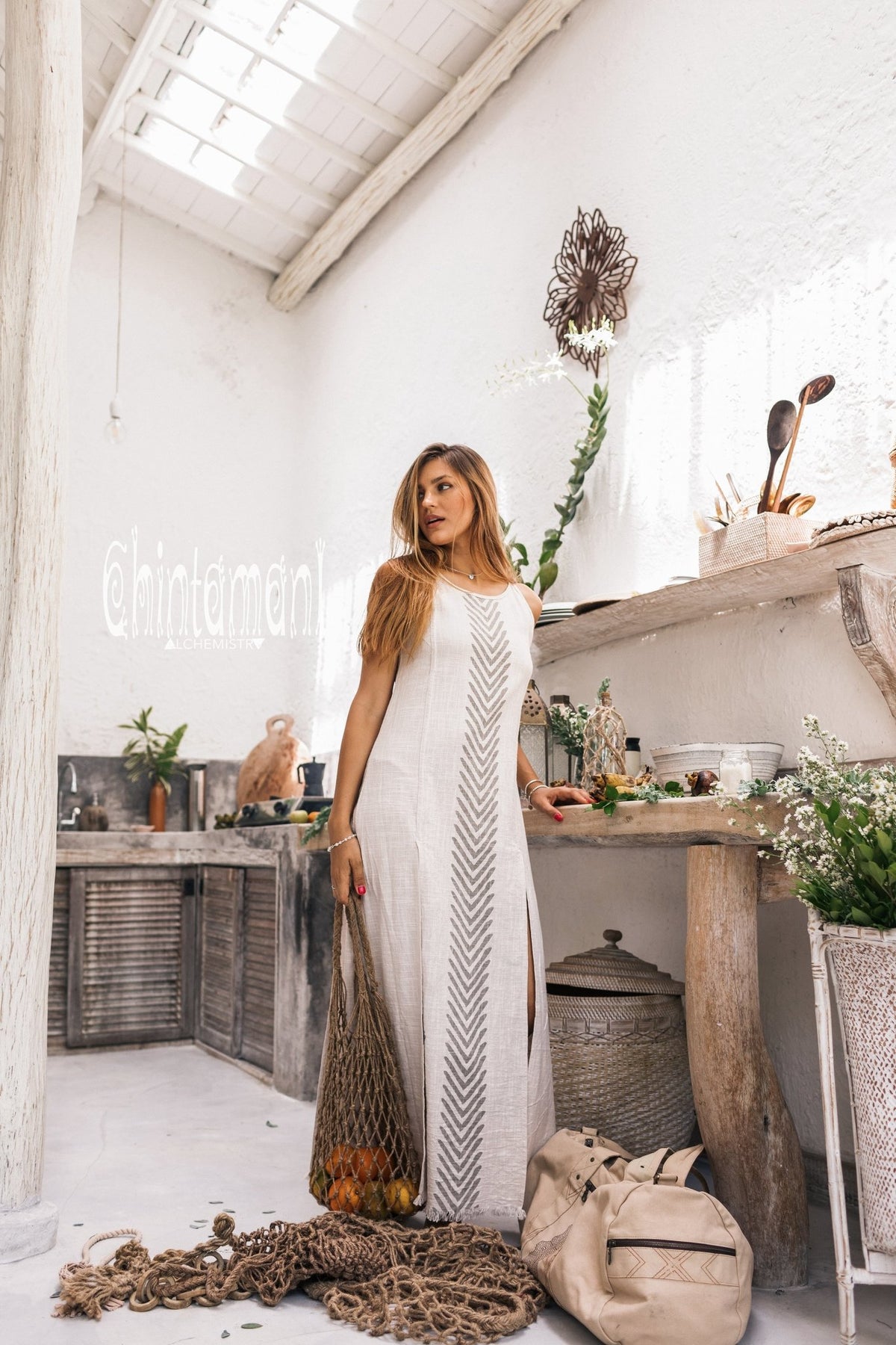 Organic Cotton Long Dress with Side Slit / Grey - ChintamaniAlchemi