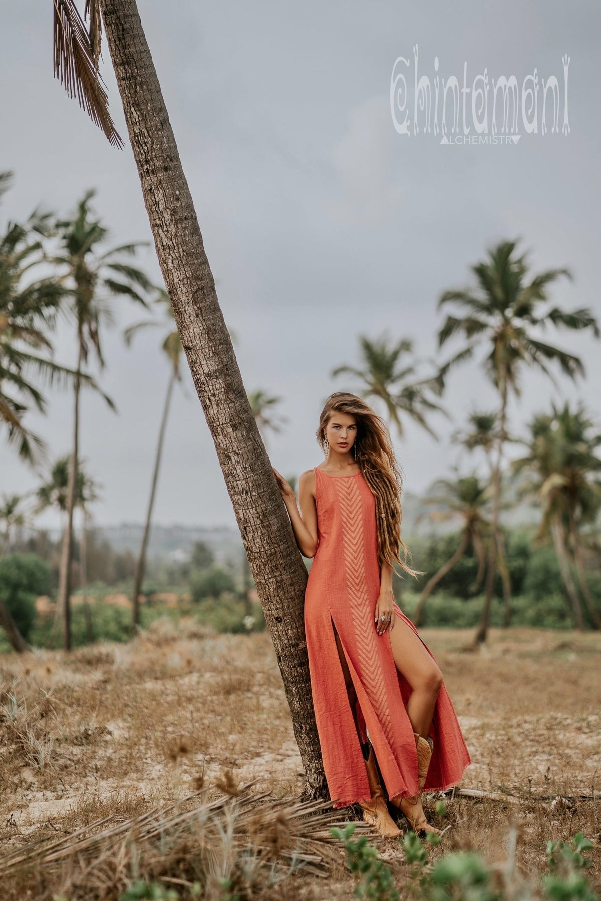 Organic Cotton Long Dress with Side Slit / Salmon Rose - ChintamaniAlchemi