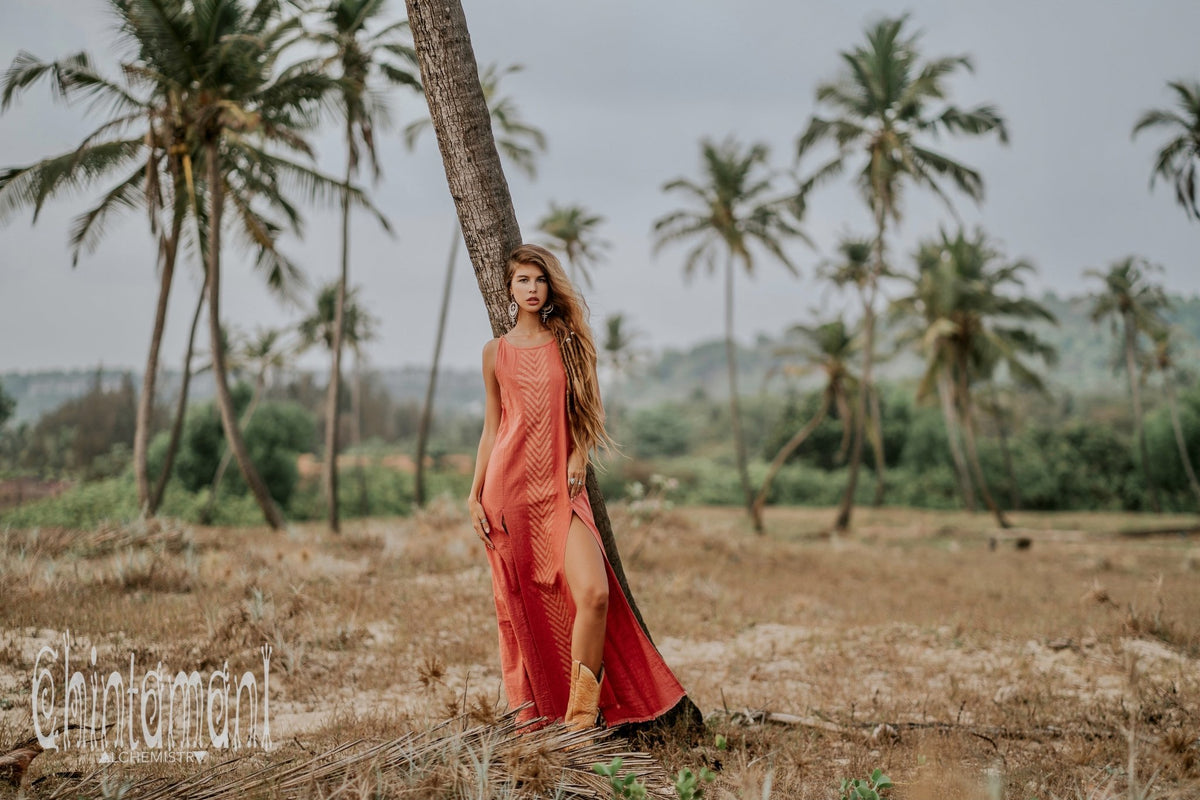 Organic Cotton Long Dress with Side Slit / Salmon Rose - ChintamaniAlchemi