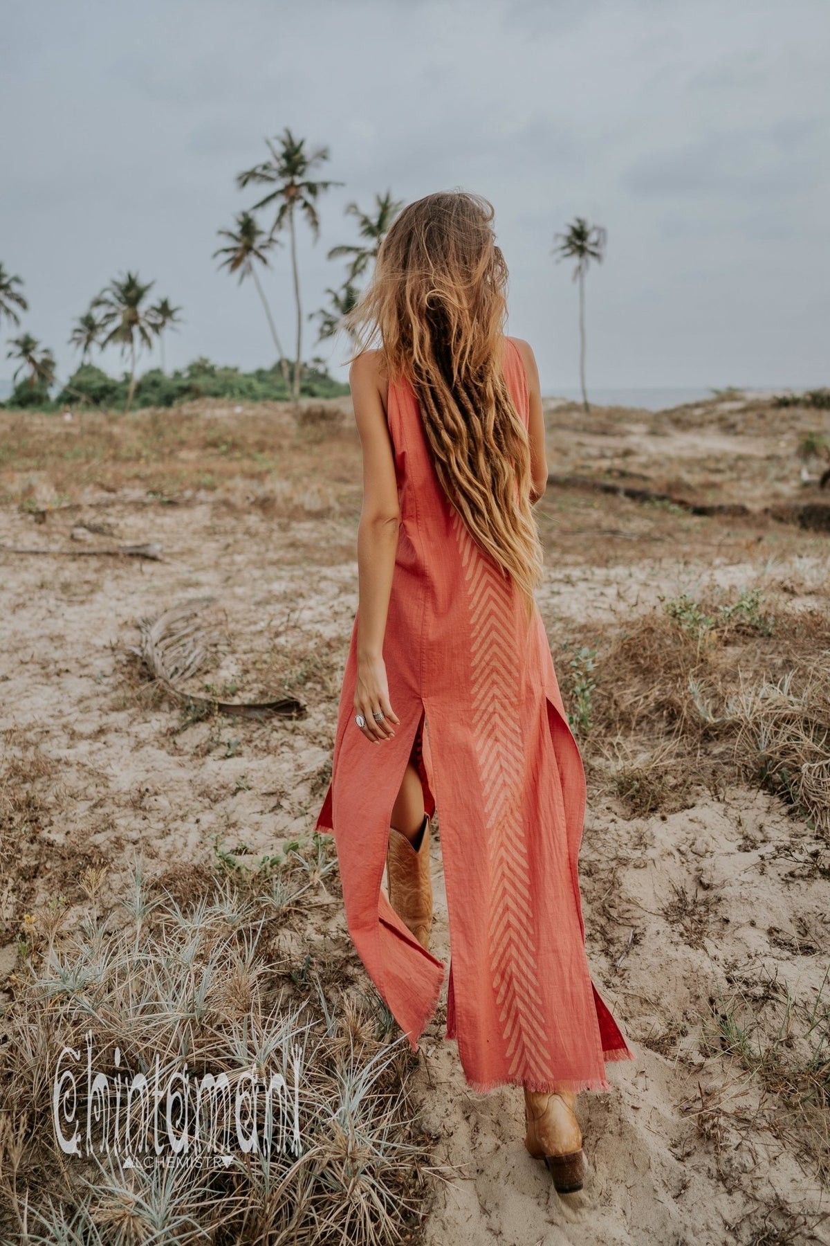 Organic Cotton Long Dress with Side Slit / Salmon Rose - ChintamaniAlchemi