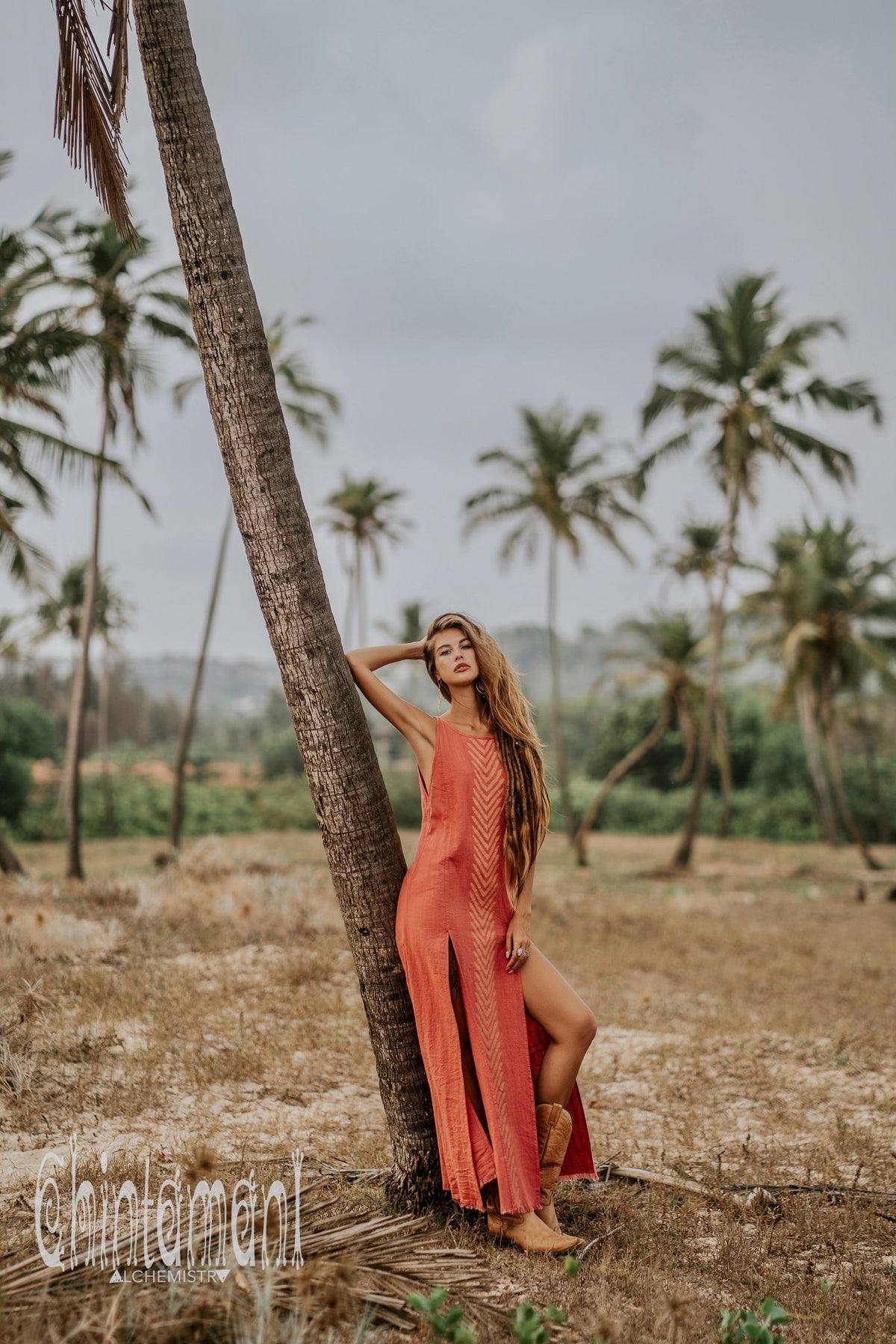 Organic Cotton Long Dress with Side Slit / Salmon Rose - ChintamaniAlchemi