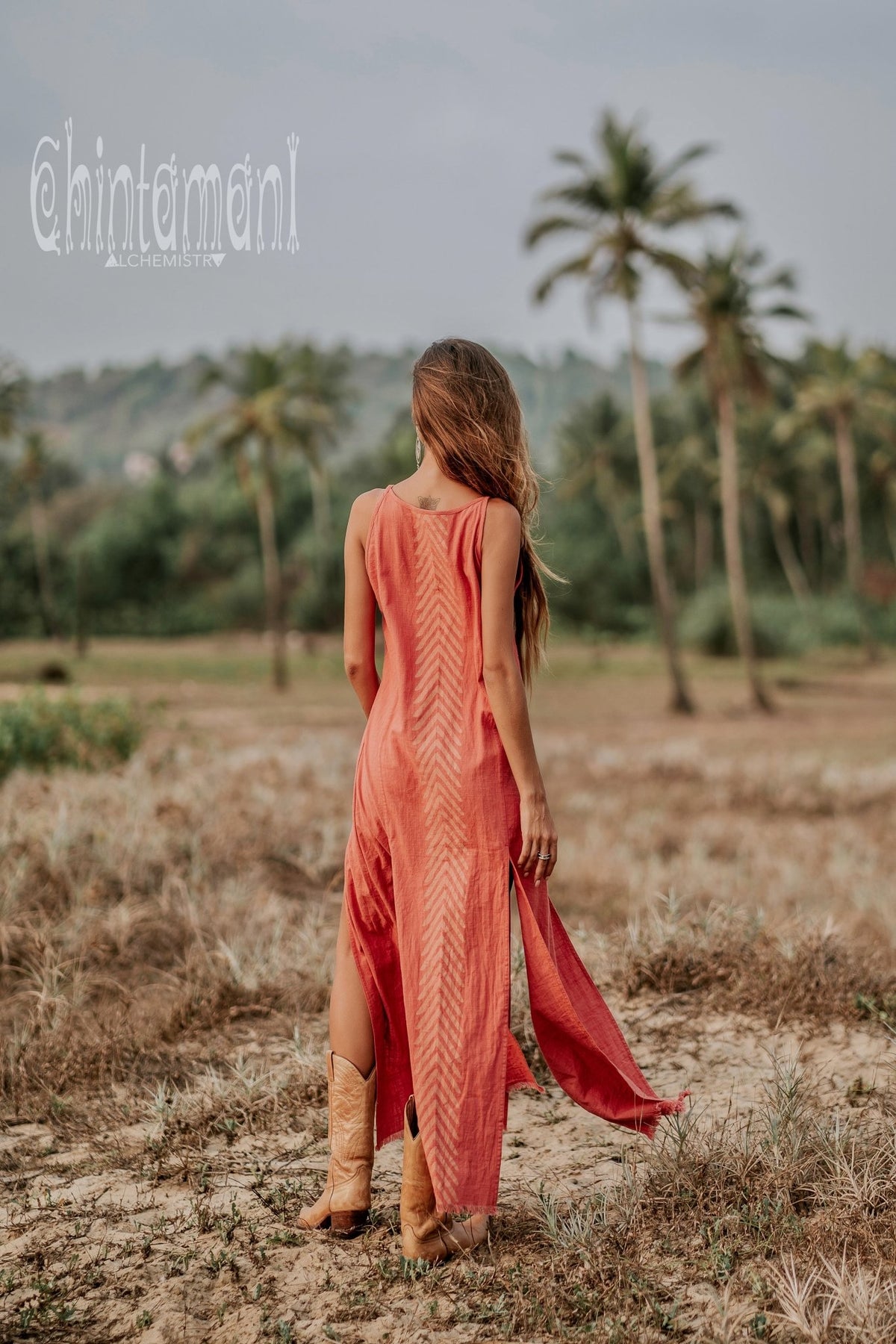 Organic Cotton Long Dress with Side Slit / Salmon Rose - ChintamaniAlchemi