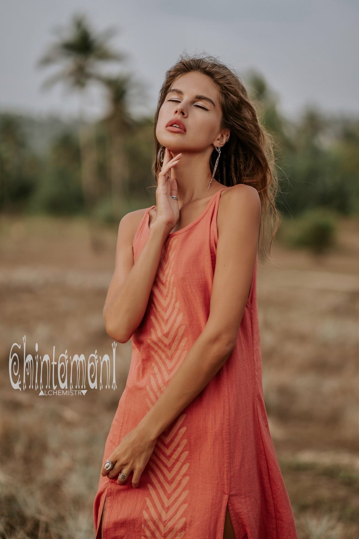 Organic Cotton Long Dress with Side Slit / Salmon Rose - ChintamaniAlchemi