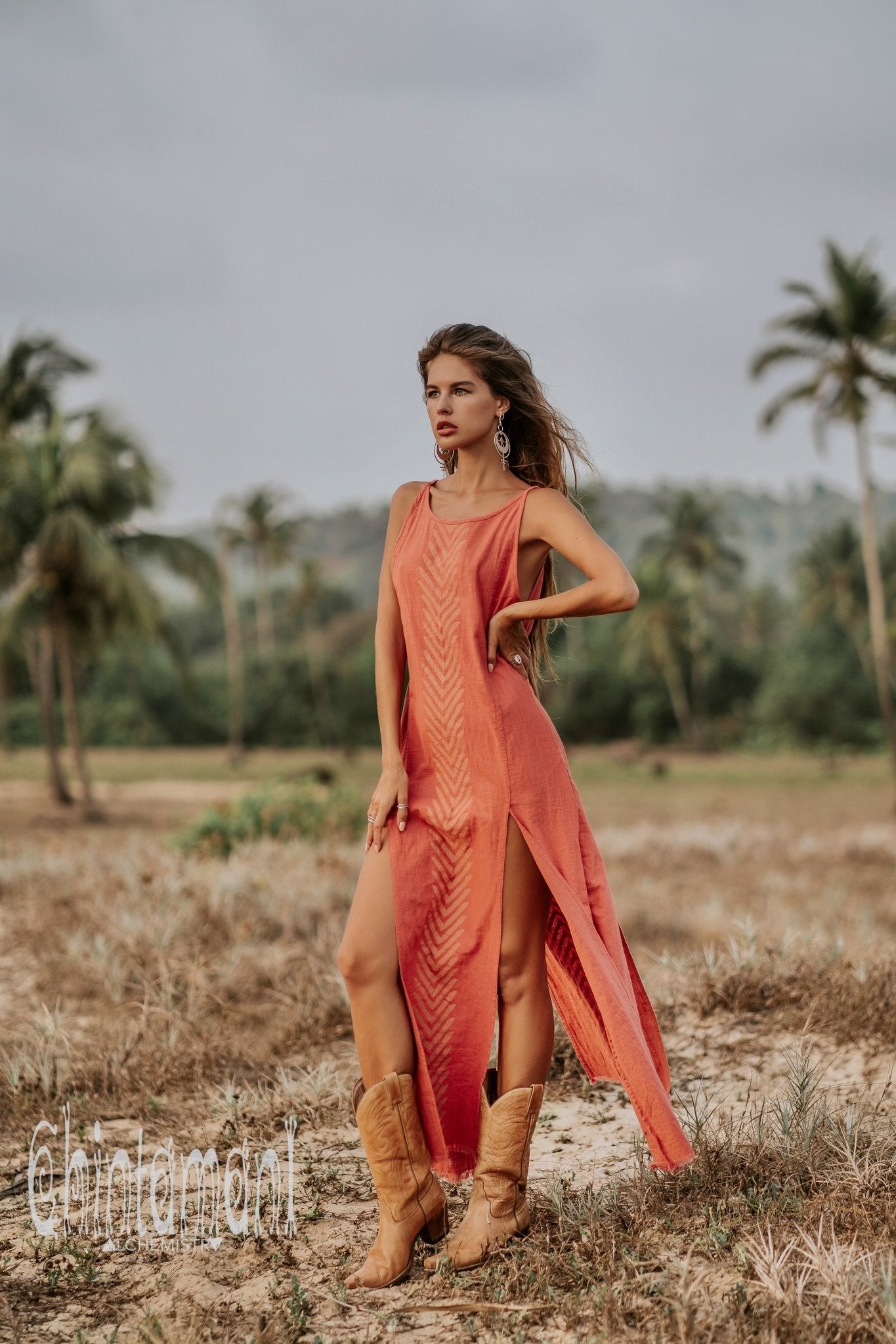 Organic Cotton Long Dress with Side Slit / Coral Rose