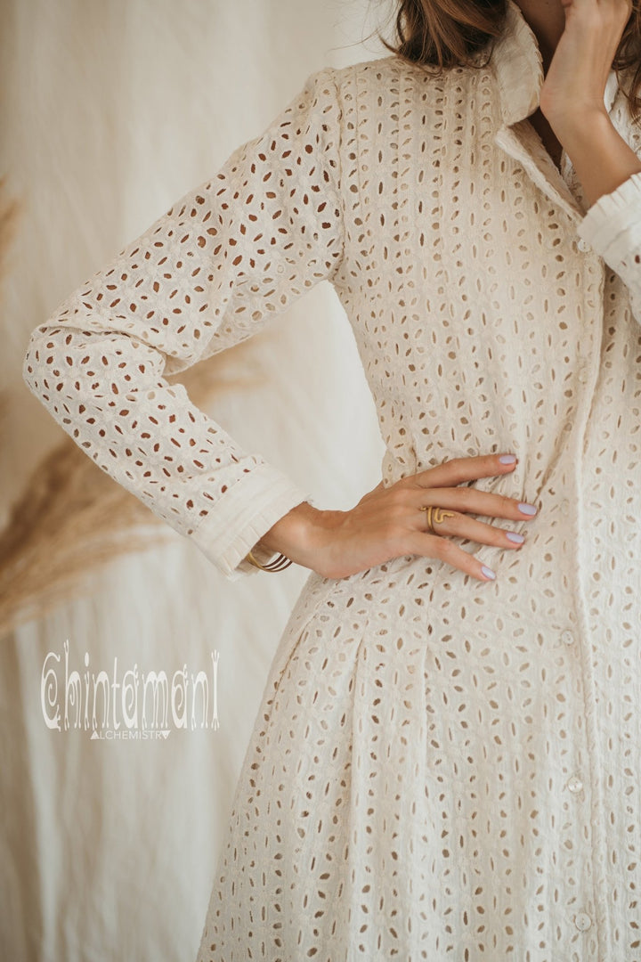 Organic Cotton Midi Dress with Flower Eyelets / White - ChintamaniAlchemi