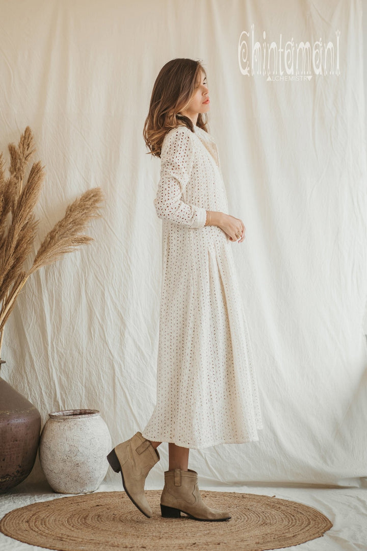 Organic Cotton Midi Dress with Flower Eyelets / White - ChintamaniAlchemi