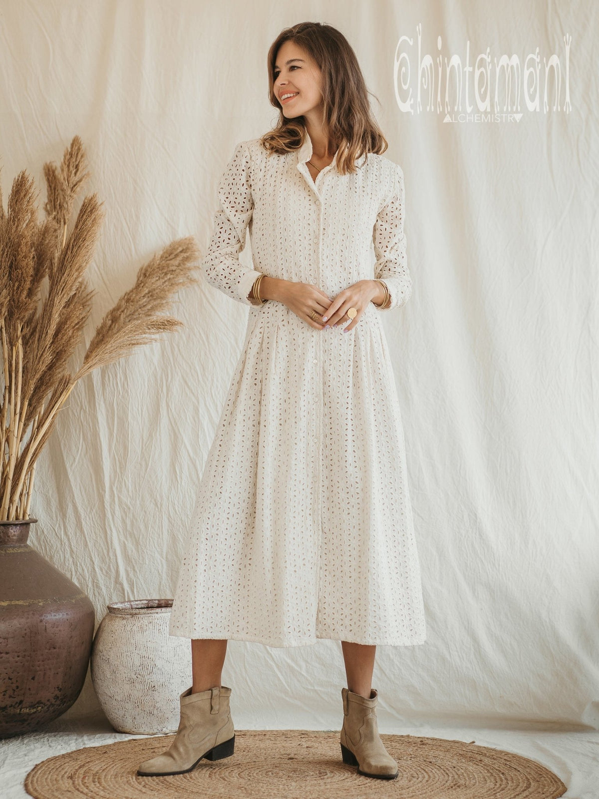 Organic Cotton Midi Dress with Flower Eyelets / White - ChintamaniAlchemi