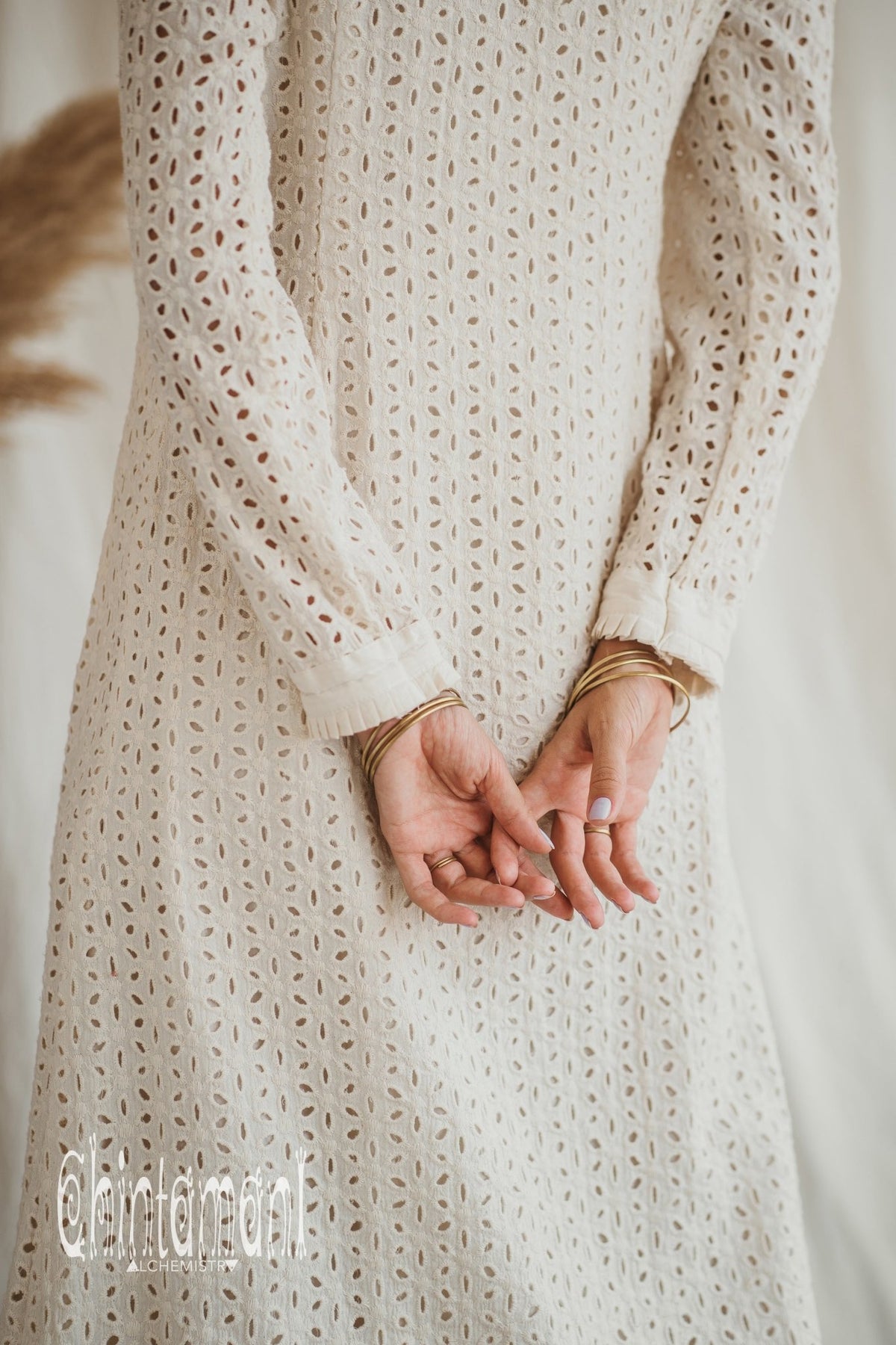 Organic Cotton Midi Dress with Flower Eyelets / White - ChintamaniAlchemi