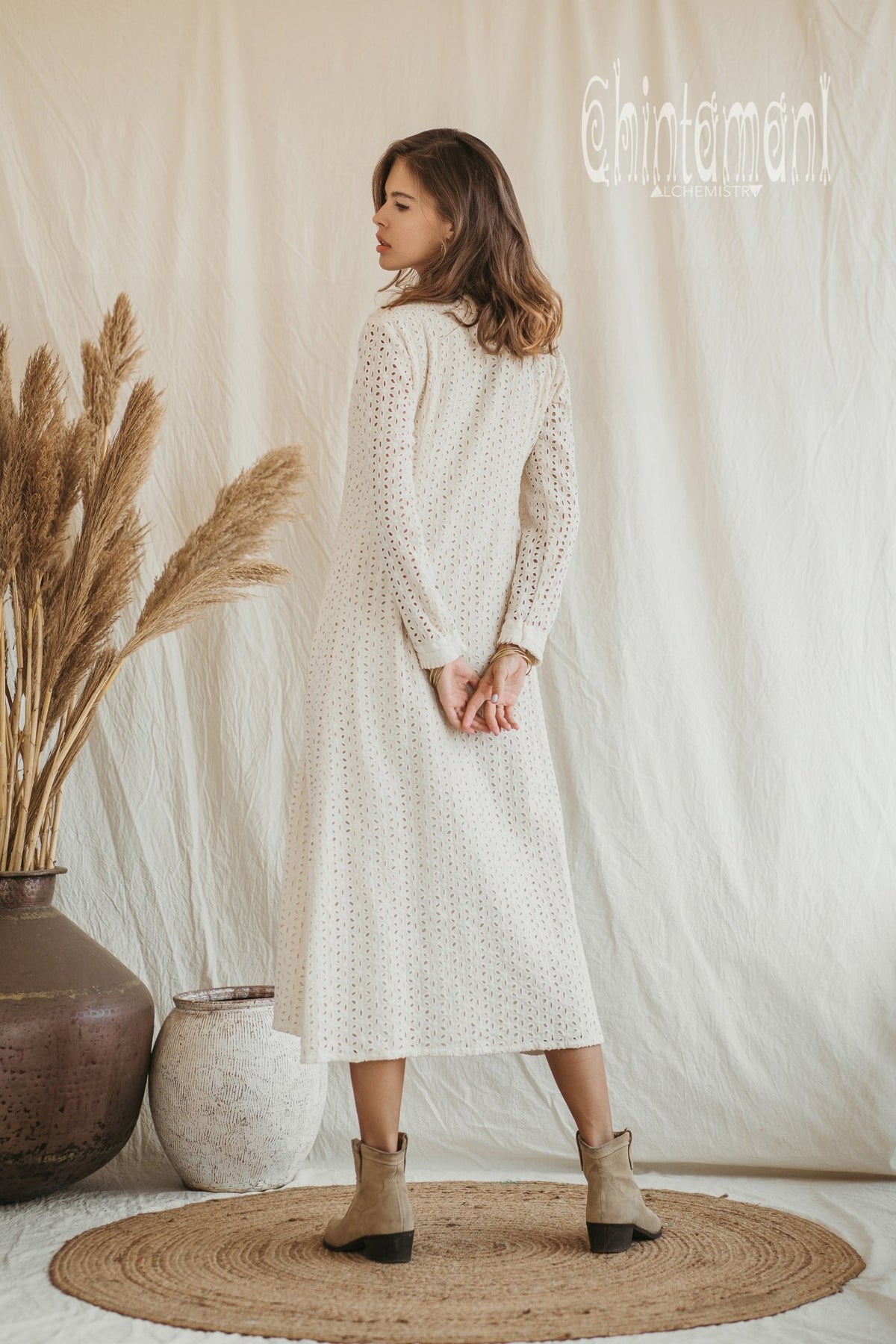 Organic Cotton Midi Dress with Flower Eyelets / White - ChintamaniAlchemi