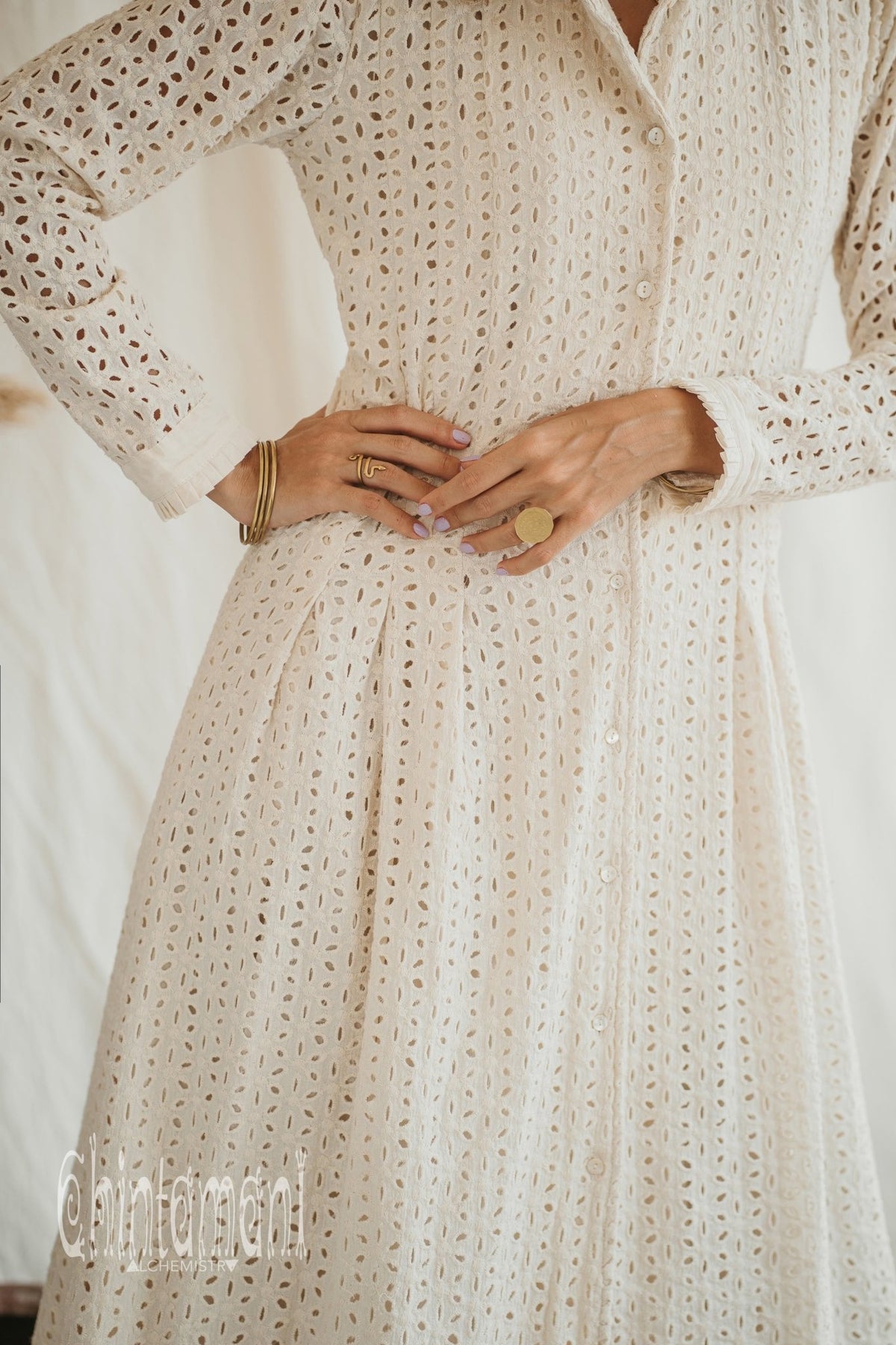 Organic Cotton Midi Dress with Flower Eyelets / White - ChintamaniAlchemi