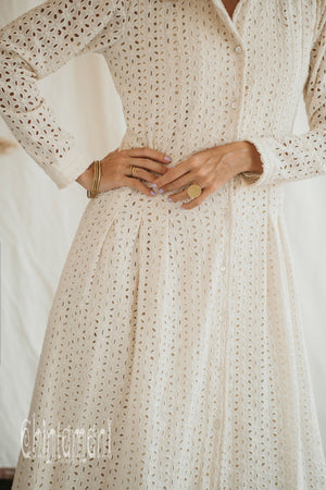 Organic Cotton Midi Dress with Flower Eyelets / White - ChintamaniAlchemi