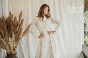 Organic Cotton Midi Dress with Flower Eyelets / White - ChintamaniAlchemi