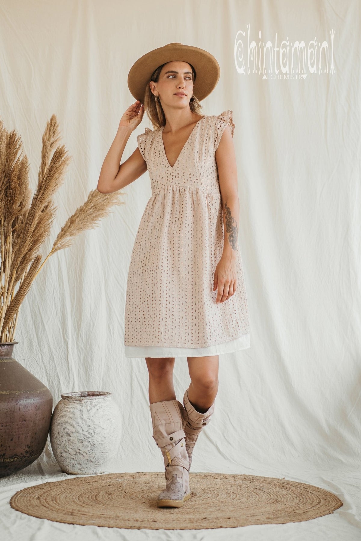 Organic Cotton Mini Dress with Flower Eyelets / Beige - ChintamaniAlchemi