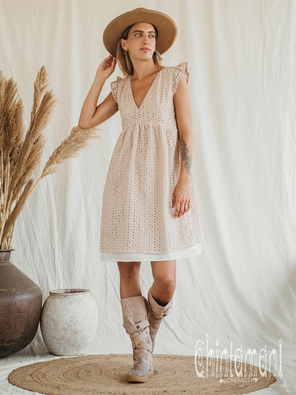 Organic Cotton Mini Dress with Flower Eyelets / Beige - ChintamaniAlchemi