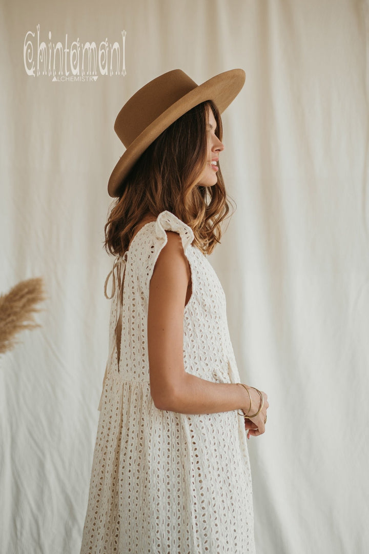 Organic Cotton Mini Dress with Flower Eyelets / White - ChintamaniAlchemi