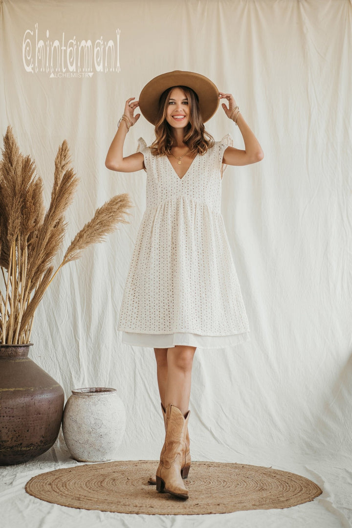 Organic Cotton Mini Dress with Flower Eyelets / White - ChintamaniAlchemi