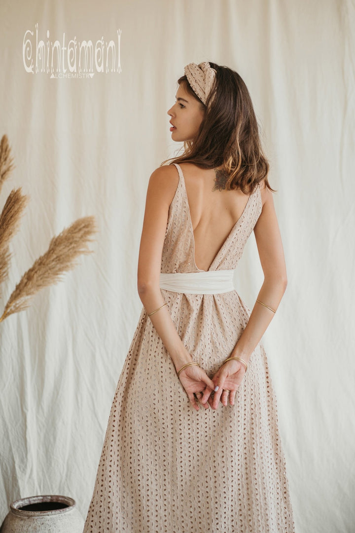 Organic Cotton V Dress with Flower Eyelets / Beige - ChintamaniAlchemi