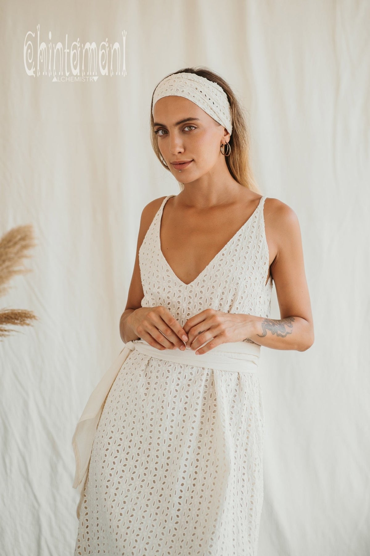 Organic Cotton V Dress with Flower Eyelets / Off White - ChintamaniAlchemi