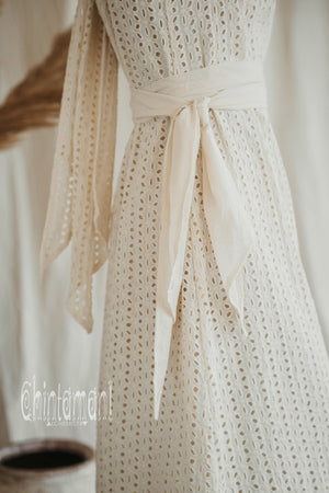 Organic Cotton V Dress with Flower Eyelets / Off White - ChintamaniAlchemi