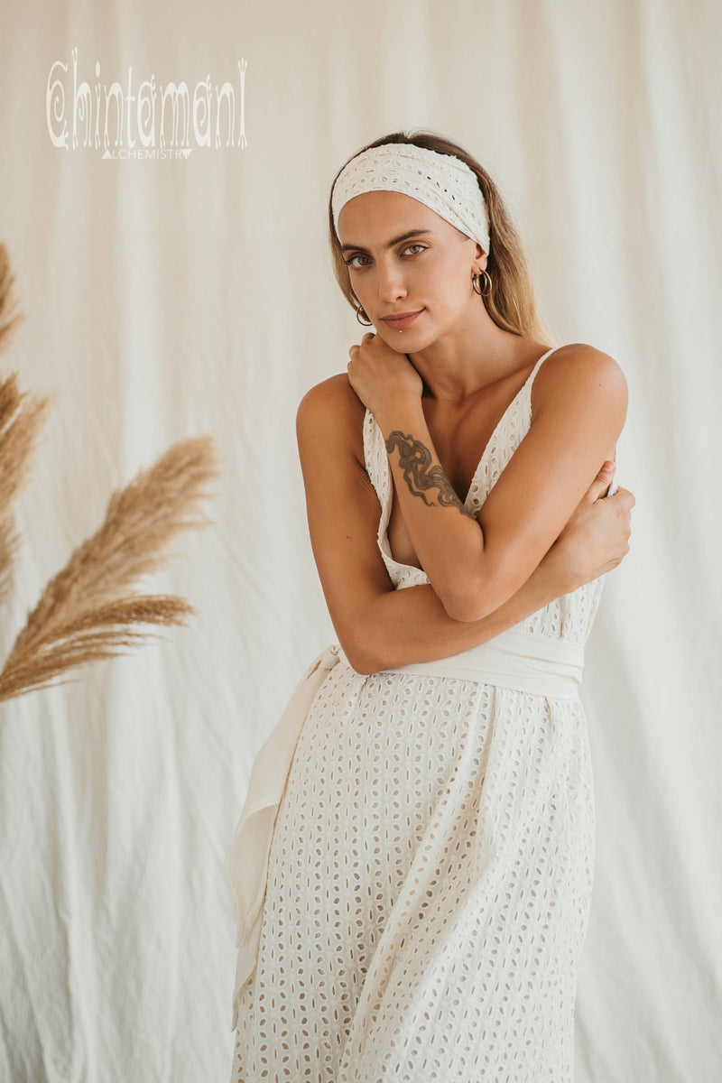 Organic Cotton V Dress with Flower Eyelets / Off White - ChintamaniAlchemi