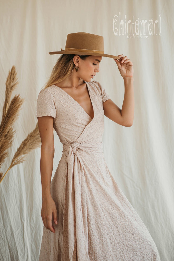 Organic Cotton Wrap Dress with Flower Eyelets / Beige - ChintamaniAlchemi