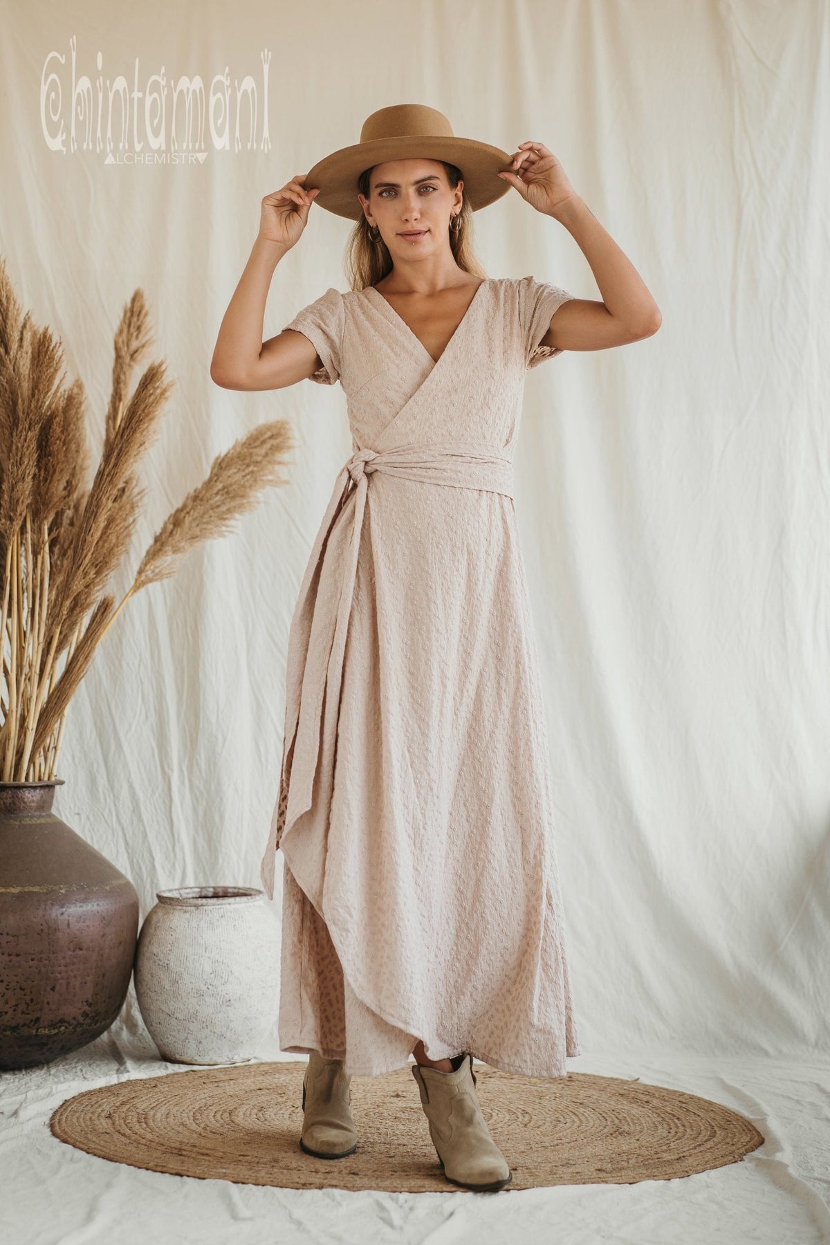 Organic Cotton Wrap Dress with Flower Eyelets / Beige - ChintamaniAlchemi