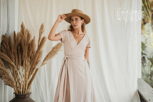 Organic Cotton Wrap Dress with Flower Eyelets / Beige - ChintamaniAlchemi
