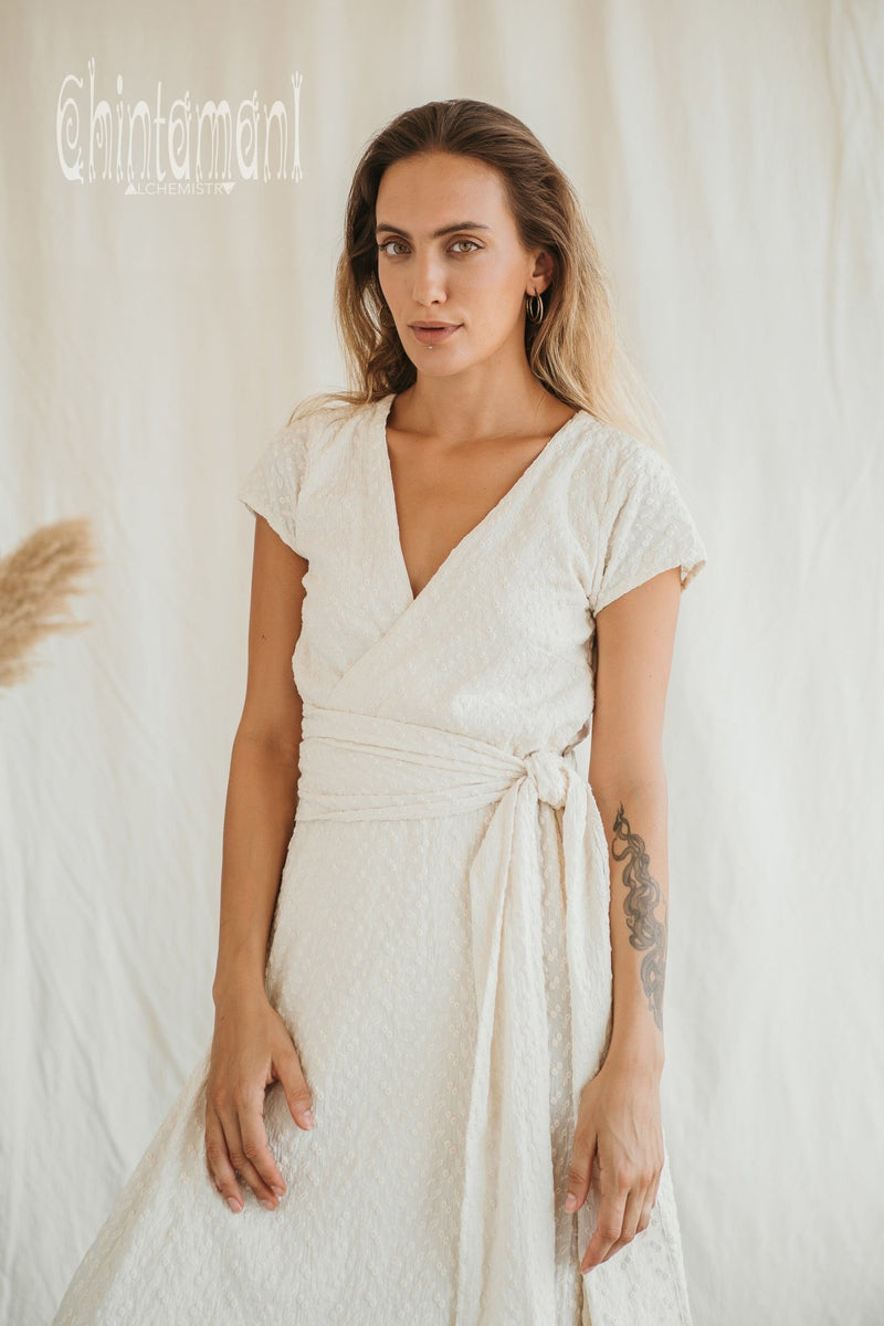 Organic Cotton Wrap Dress with Flower Eyelets / Off White - ChintamaniAlchemi