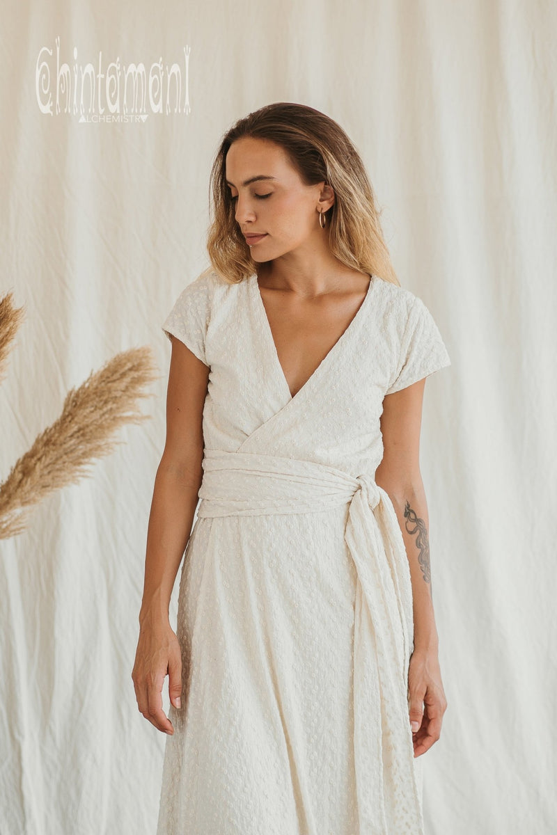 Organic Cotton Wrap Dress with Flower Eyelets / Off White - ChintamaniAlchemi