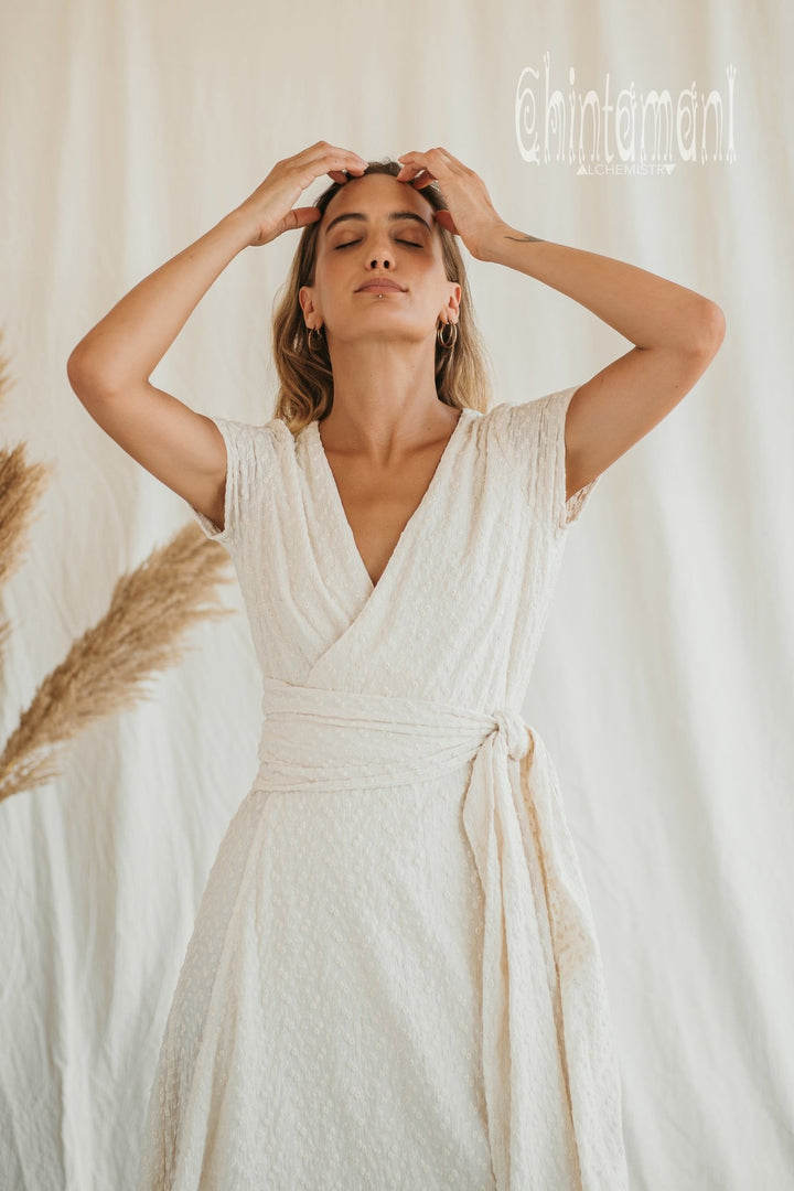 Organic Cotton Wrap Dress with Flower Eyelets / Off White - ChintamaniAlchemi
