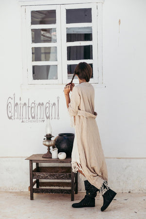 Organic Long Cardigan Robe 3/4 Sleeves / Beige - ChintamaniAlchemi