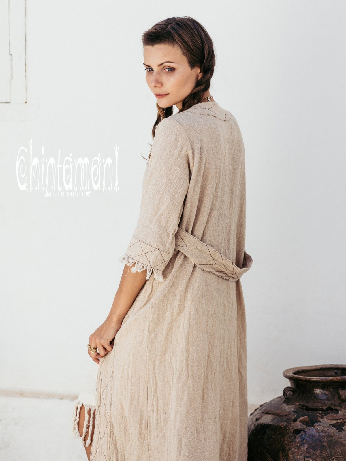 Organic Long Cardigan Robe 3/4 Sleeves / Beige - ChintamaniAlchemi