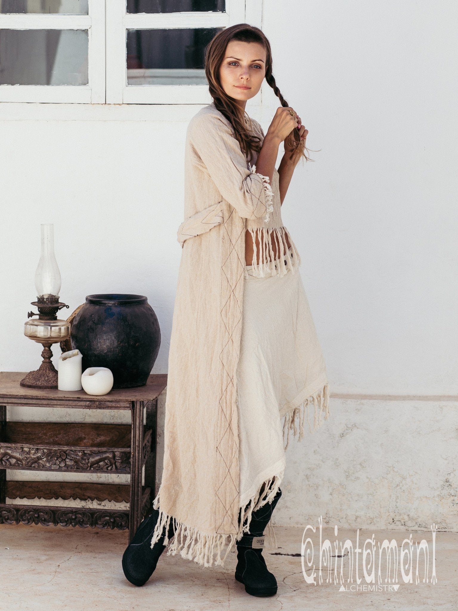 Organic Long Cardigan Robe 3/4 Sleeves / Beige - ChintamaniAlchemi