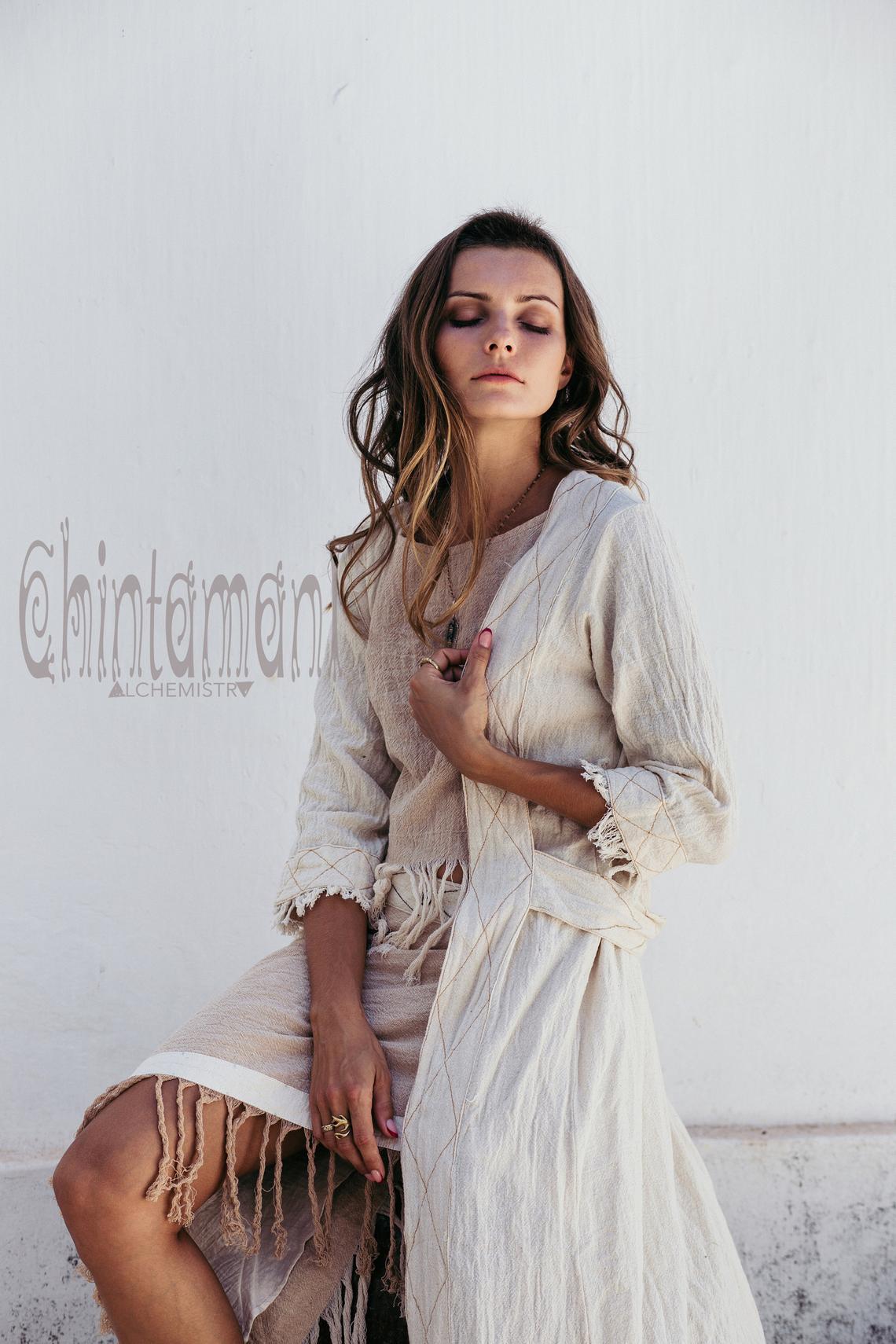 Organic Long Cardigan Robe 3/4 Sleeves / Off White - ChintamaniAlchemi