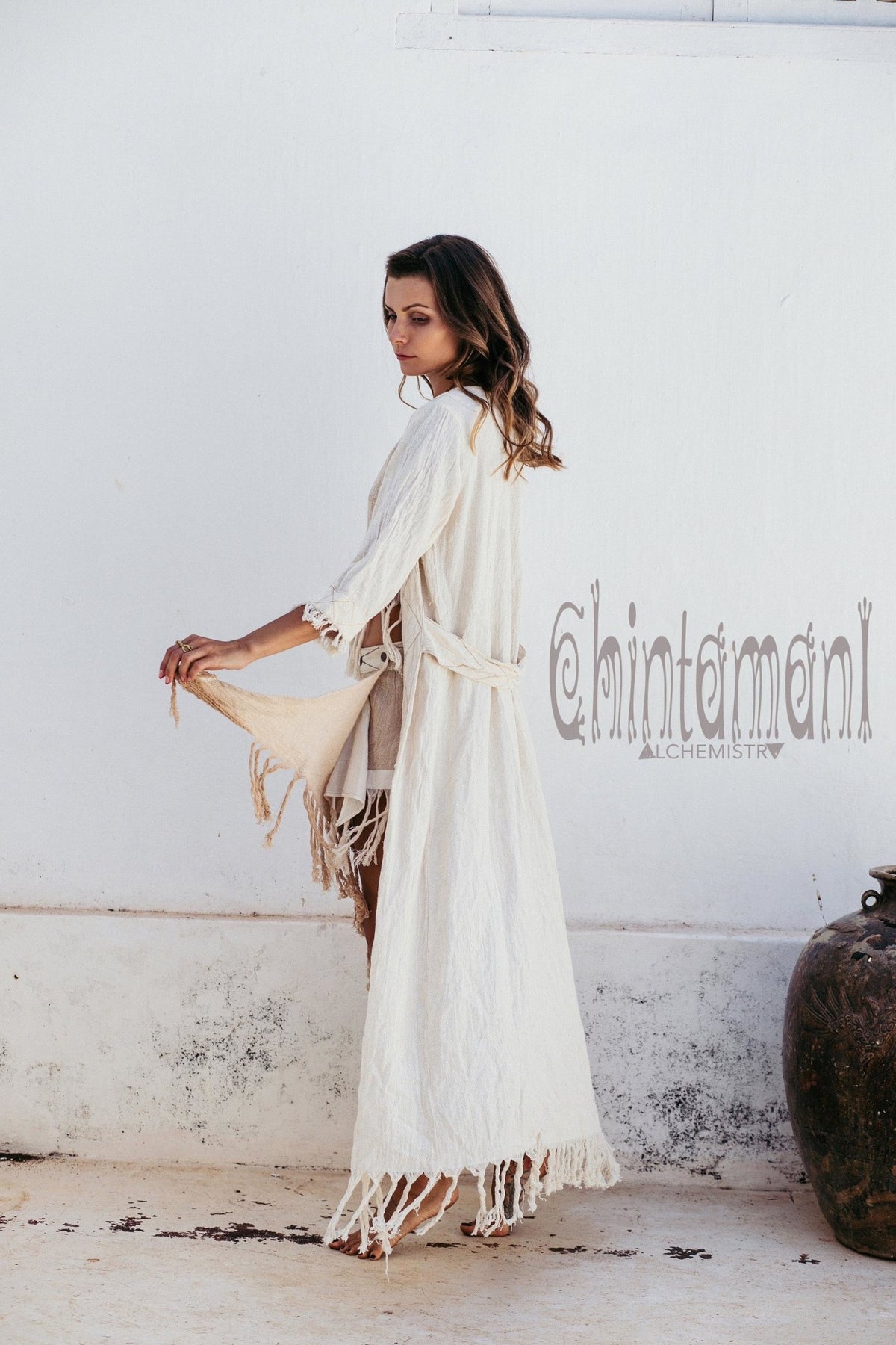 Organic Long Cardigan Robe 3/4 Sleeves / Off White - ChintamaniAlchemi