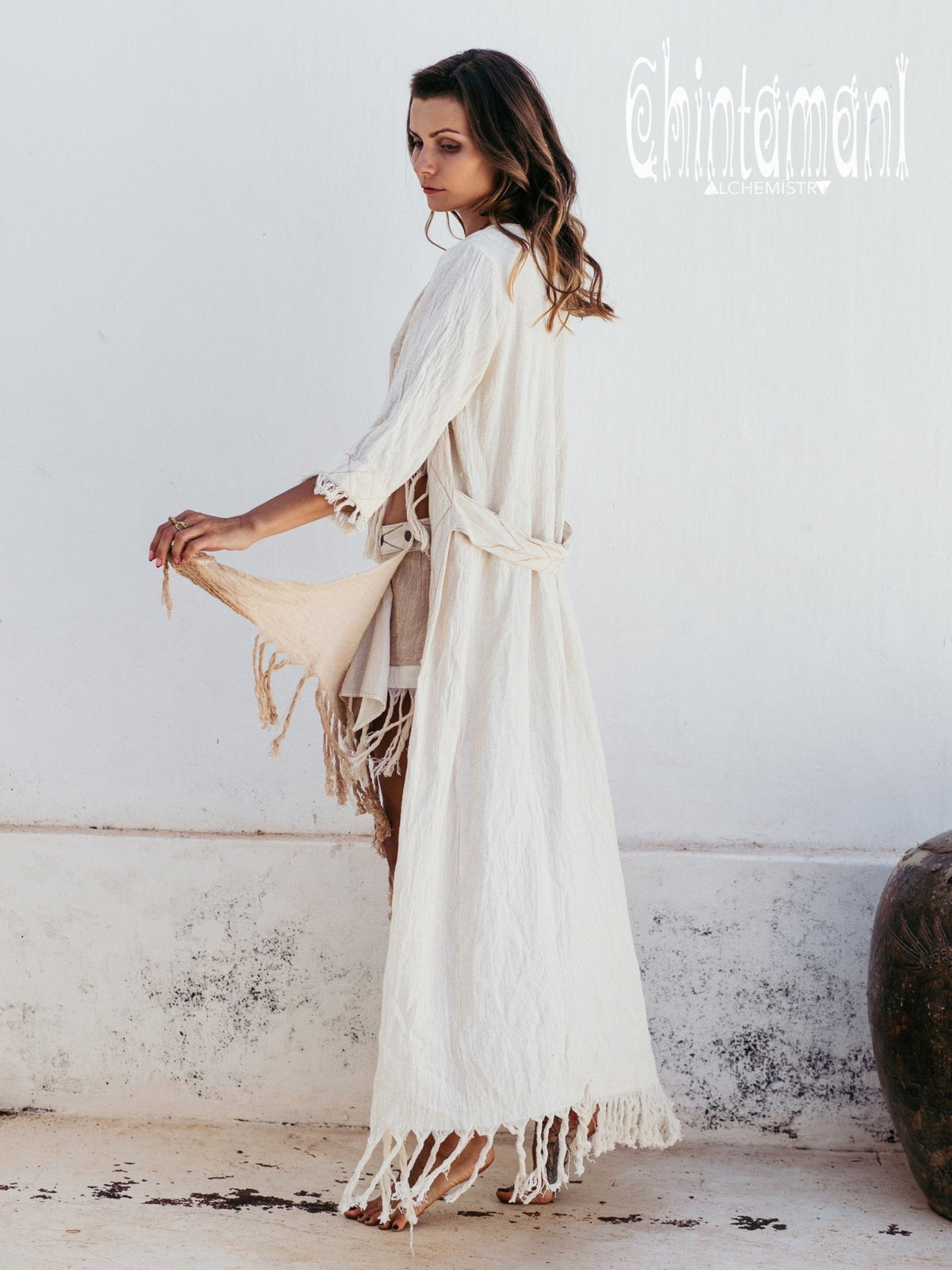 Organic Long Cardigan Robe 3/4 Sleeves / Off White - ChintamaniAlchemi