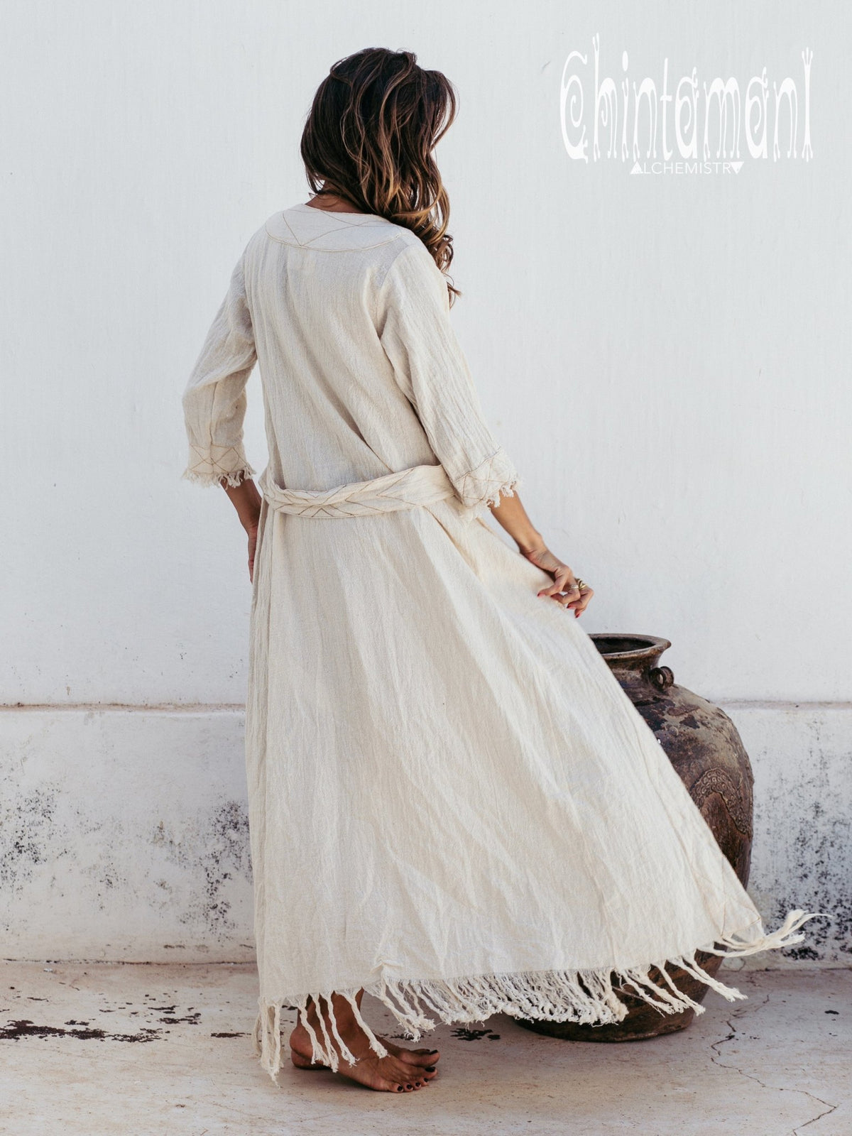 Organic Long Cardigan Robe 3/4 Sleeves / Off White - ChintamaniAlchemi