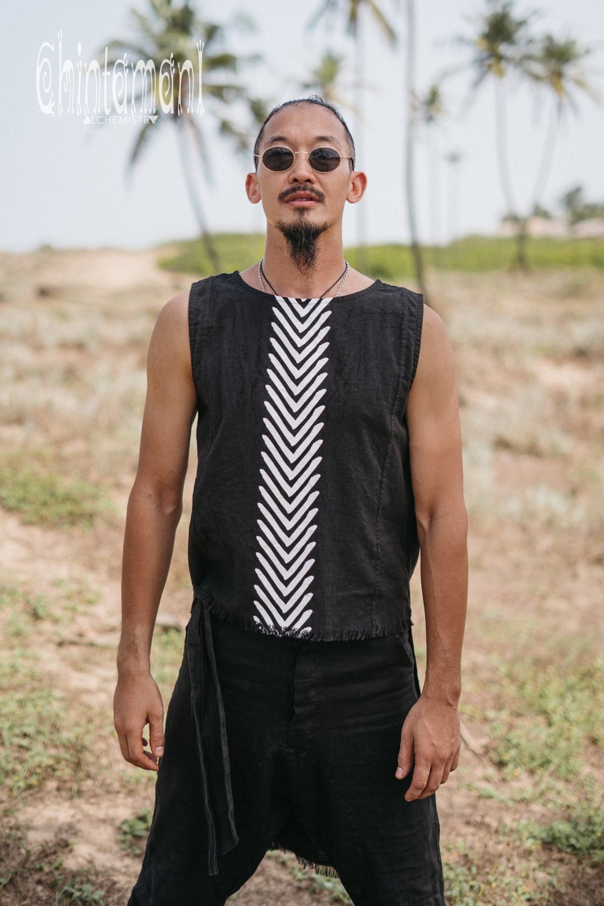 Organic Mens Frock Shirt with Corners Print / Black - ChintamaniAlchemi