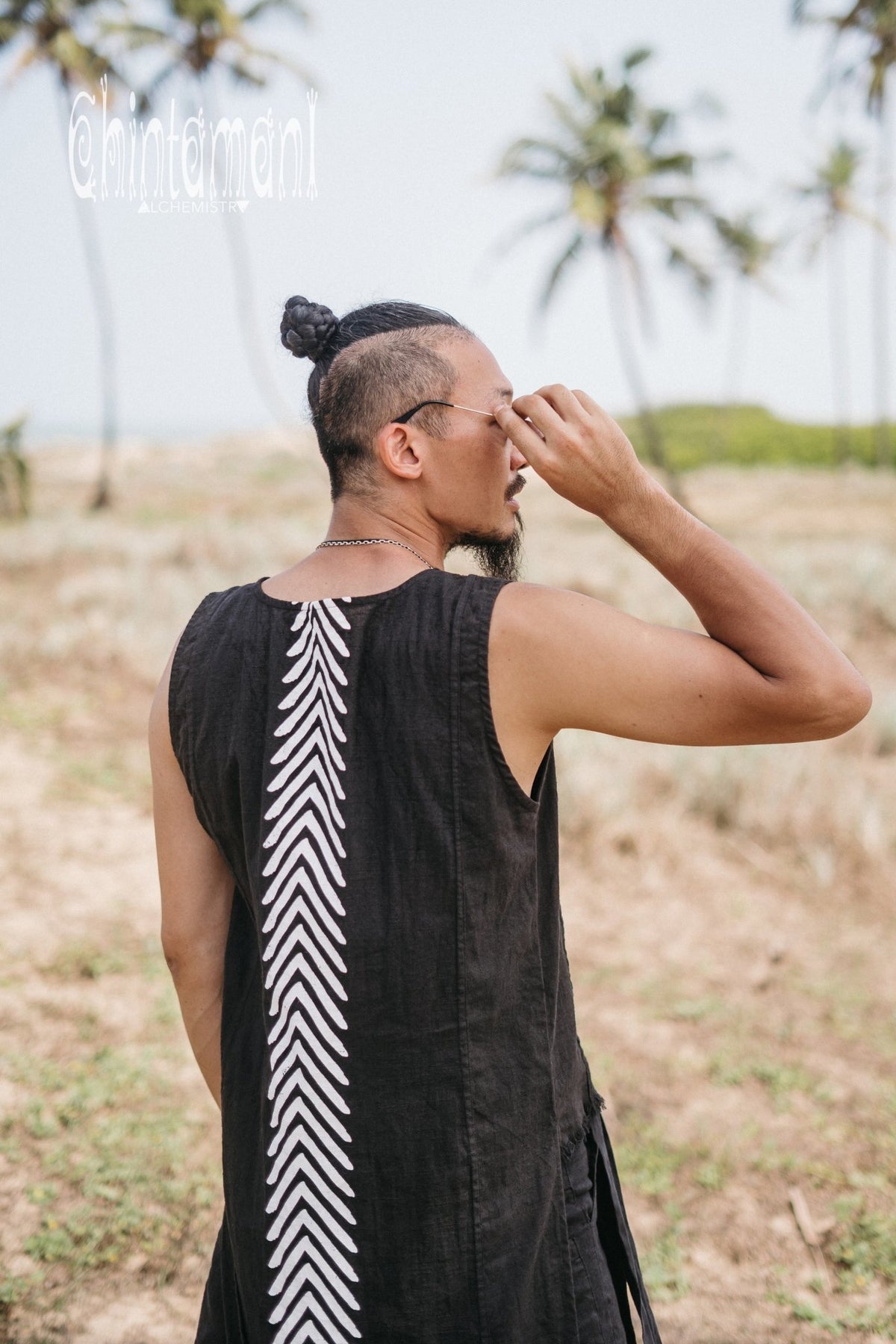 Organic Mens Frock Shirt with Corners Print / Black - ChintamaniAlchemi