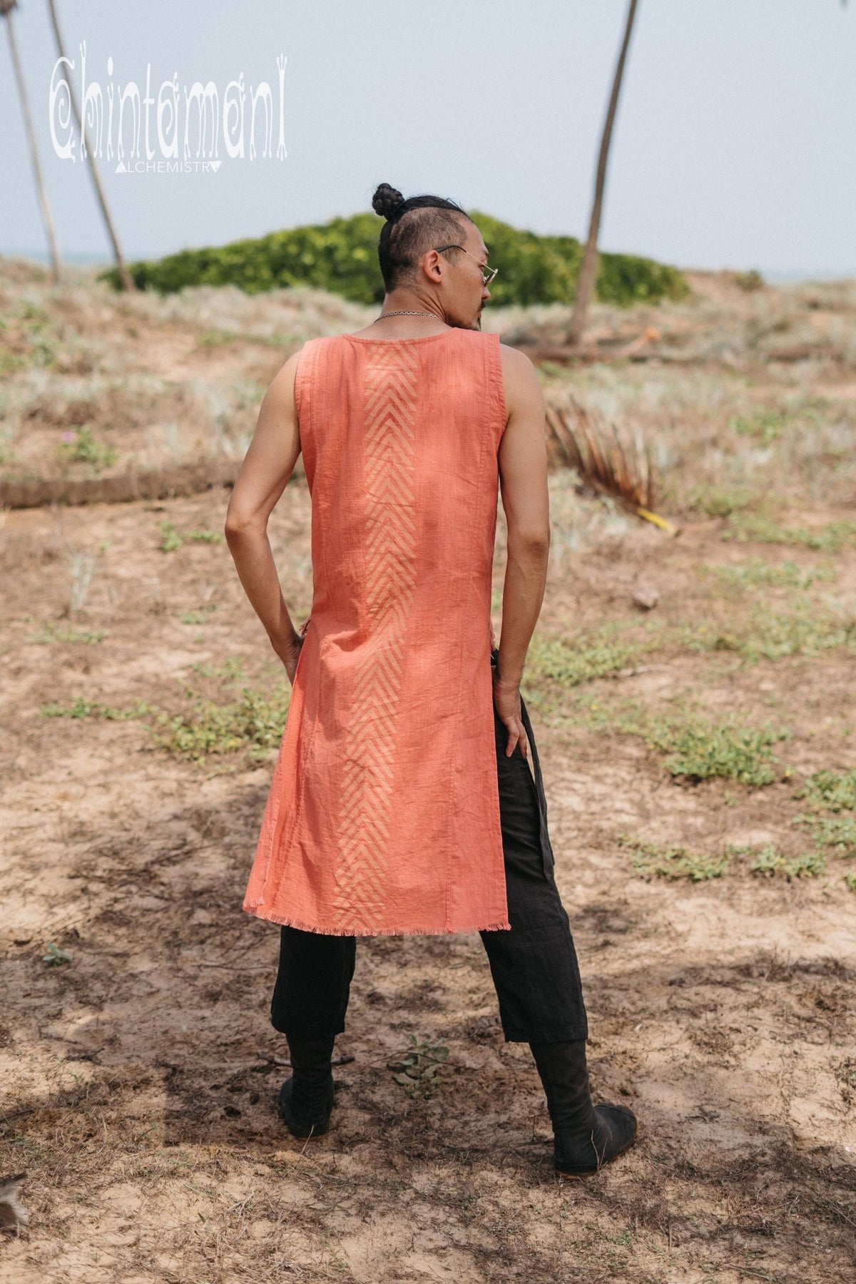 Organic Mens Frock Top with Corners Print / Salmon Red - ChintamaniAlchemi