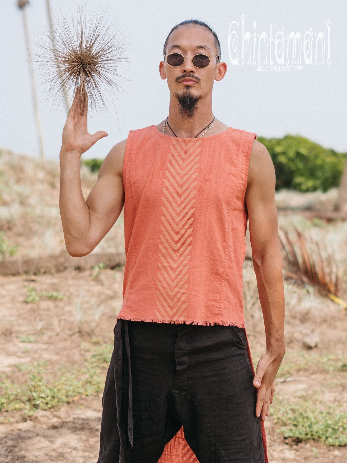 Organic Mens Frock Top with Corners Print / Salmon Red - ChintamaniAlchemi