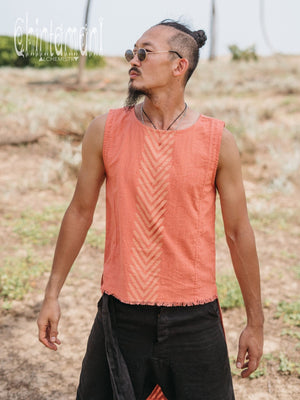 Organic Mens Frock Top with Corners Print / Salmon Red - ChintamaniAlchemi